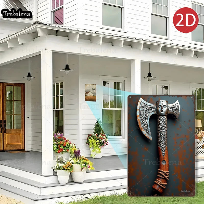 1PC 2D Flat 8*12inch Metal Sign Viking Axe Art Rustic Style Wall Decor