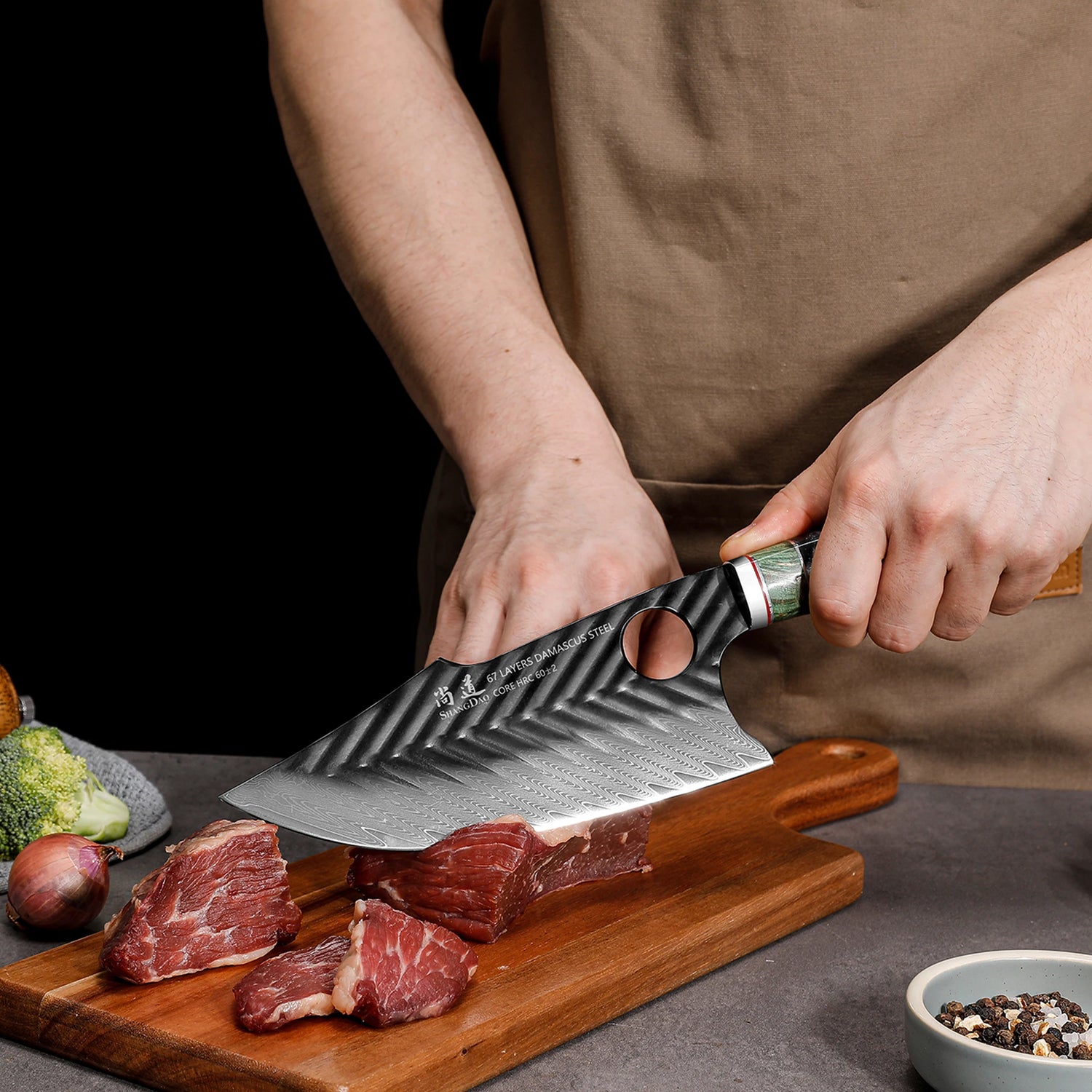 SHANGDAO Damascus Butcher Knife 7 inch, Viking Cleaver Kitchen Knives with Leather Sheath - Hand Forged Resin & Wood Handle