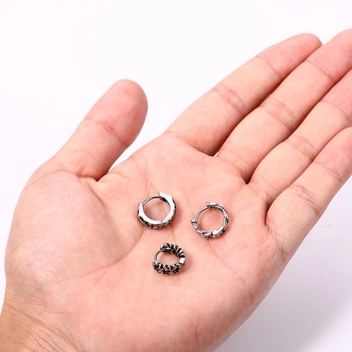 BONISKISS Cross Hollow Chain Stainless Steel Earrings Hoop Huggie Hinged Viking Runes Retro Gothic Ear Stud Men Women Unisex