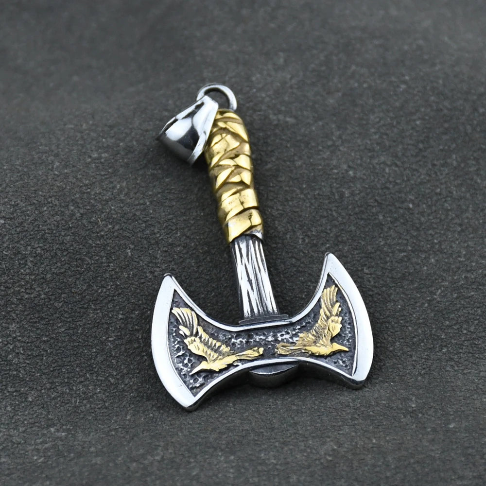 Vikings Axes Wolf Stainless Steel Necklace Men Phoenix Amulet Norse Runes Double-sided Pendant Scandinavian Jewelry