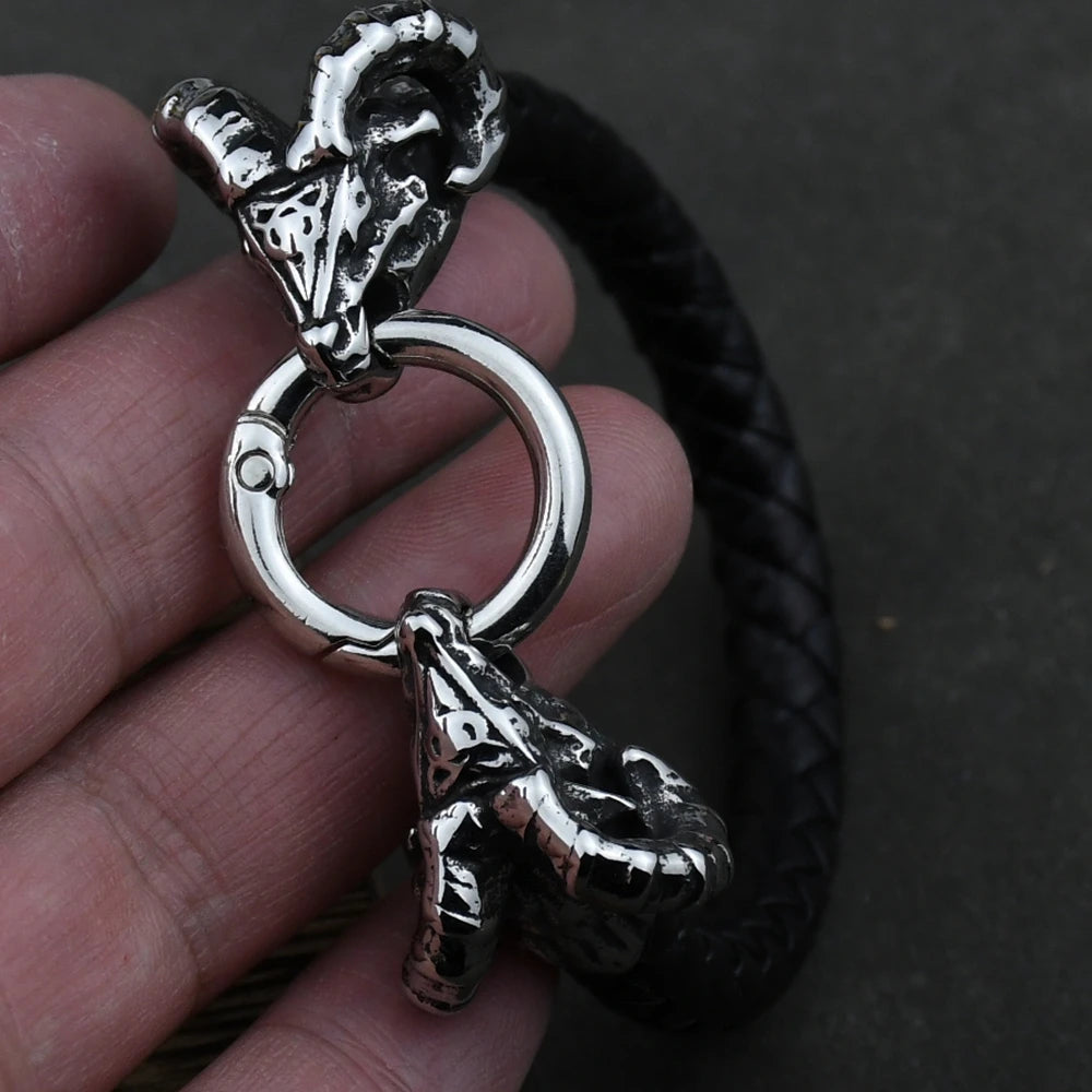 Viking Goat Head Bracelets Men Stainless Steel Vintage Viking Bangles rune Amulet Leather Icelandic Jewelry