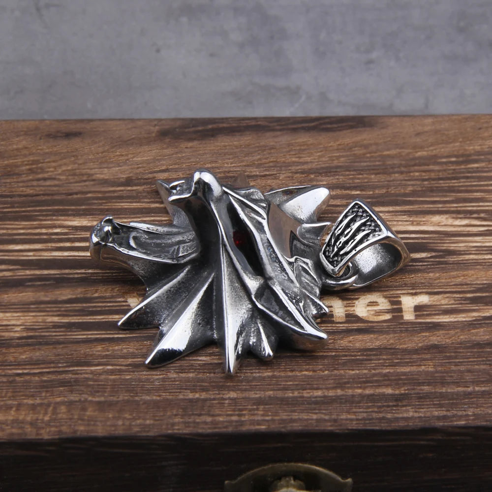 Stainless Steel Viking jewelry Wizard 3 Wild Hunt Game pendant necklace Geralt wolf head necklace with wooden box
