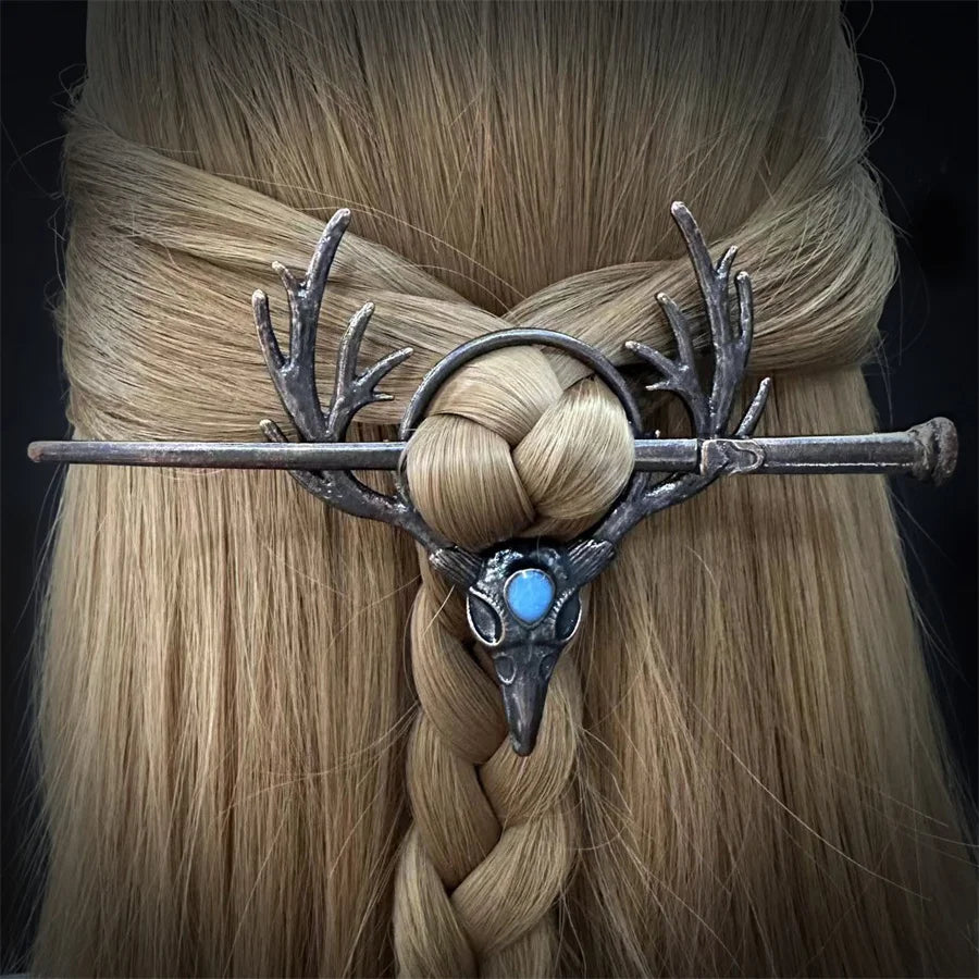 New Gothic Retro Cow Skull Skeleton Moonstone Hair Clips Hairpins for Women Fashion Deer Horn Hair Stick Hair Styling Tools