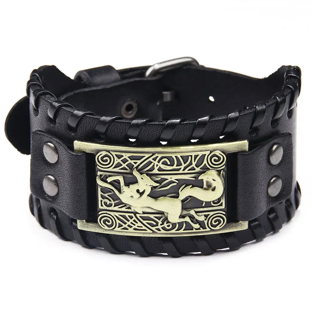 Punk Braided Rope Alloy Bracelet Wristband Adjustable Genuine Leather Bracelet Mens Leather Viking Totem Wristbands Wide Bangle