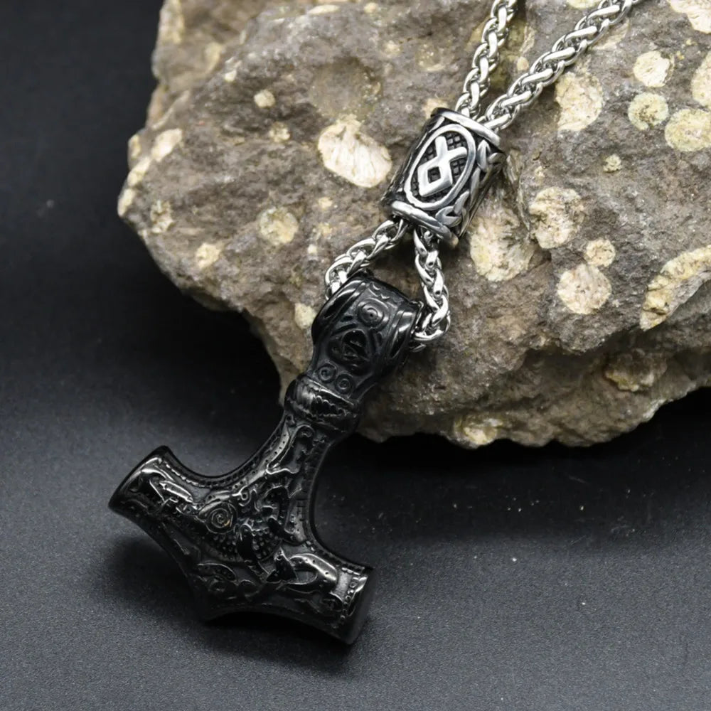 Norse Vikings Thor's Hammer Mjolnir Scandinavian Rune Amulet Keychain Stainless Steel Vegvisir Anchor Pendant Male Jewelry