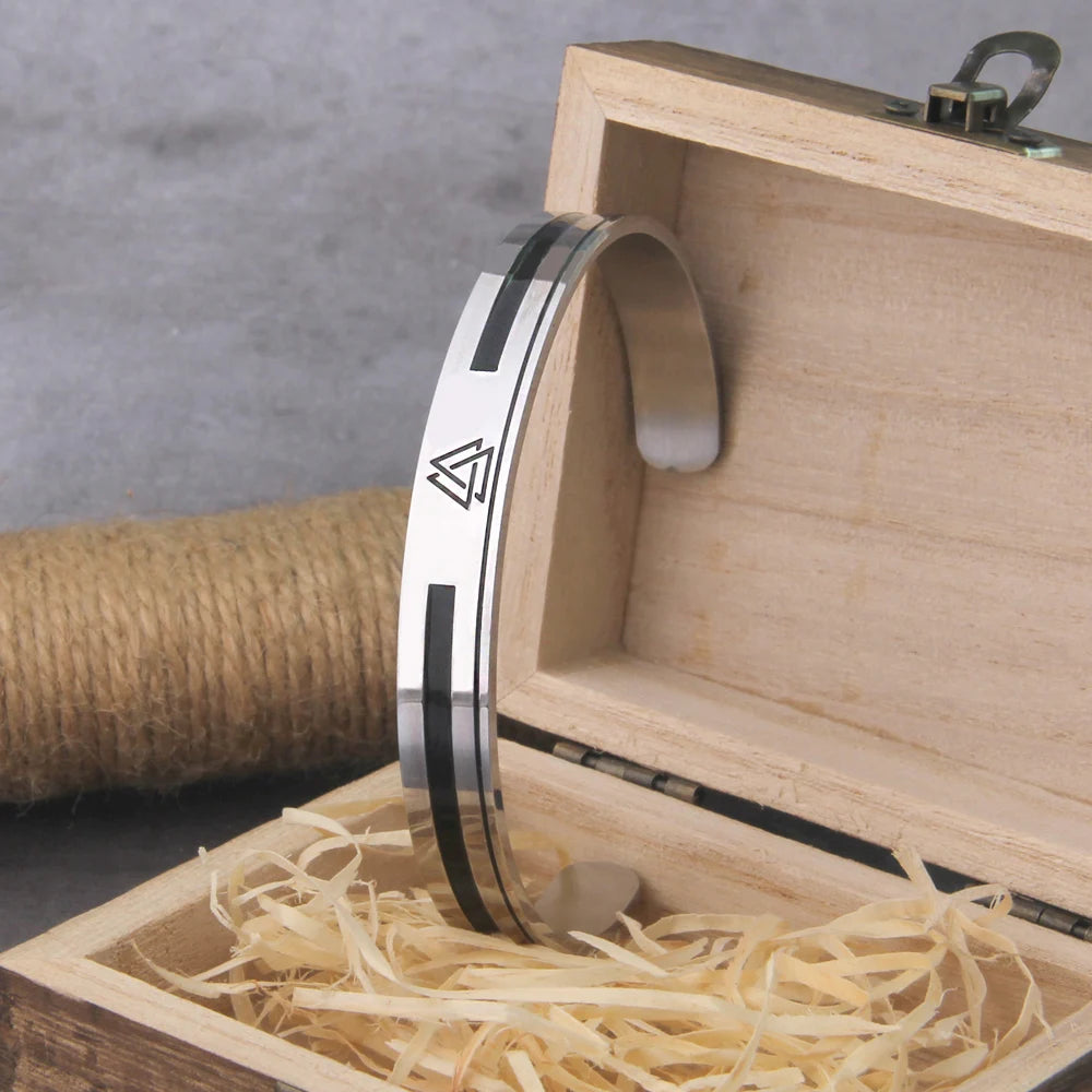Stainless Steel Men's Handmade Nordic Valknut Bangle Viking Never Fade with wooden box as gift never fade