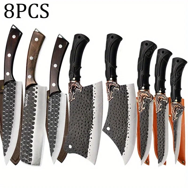 8PCS Professional Kitchen Chef Knife Set Handmade Forged Stainless Steel Chef Knife Butcher Knife Vegetable Utility Boning Fish