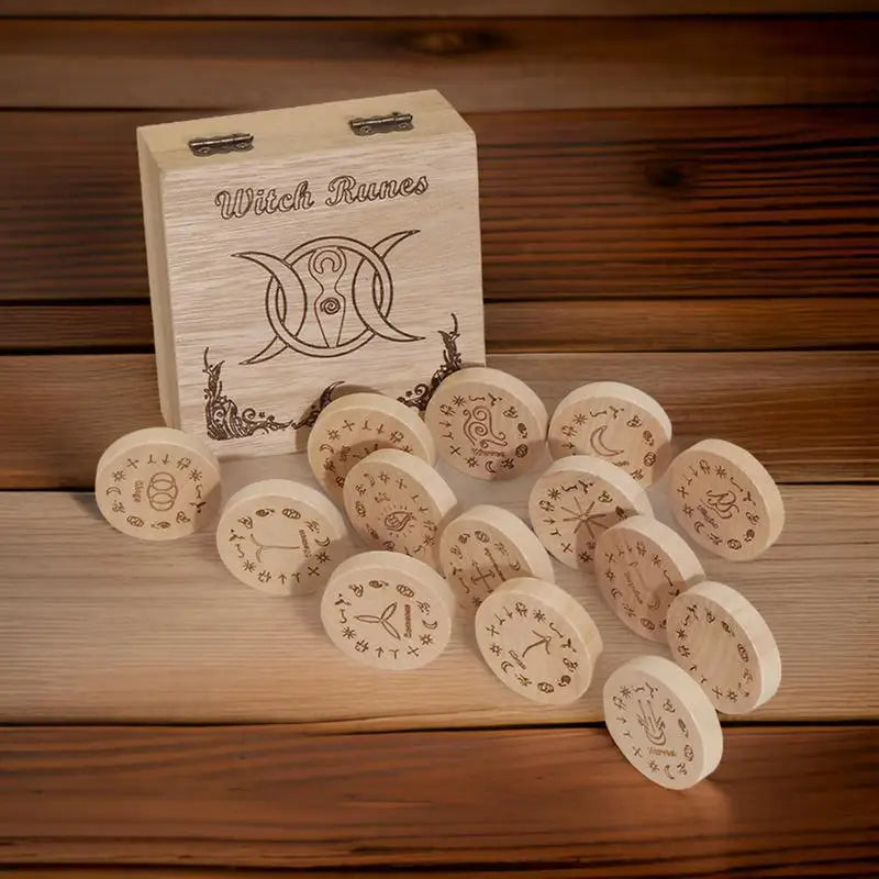 Witches Runes Set Altar Divination Tools with Storage Bag 13Pcs Wood Runes Altar Runes for Beginners Board Game