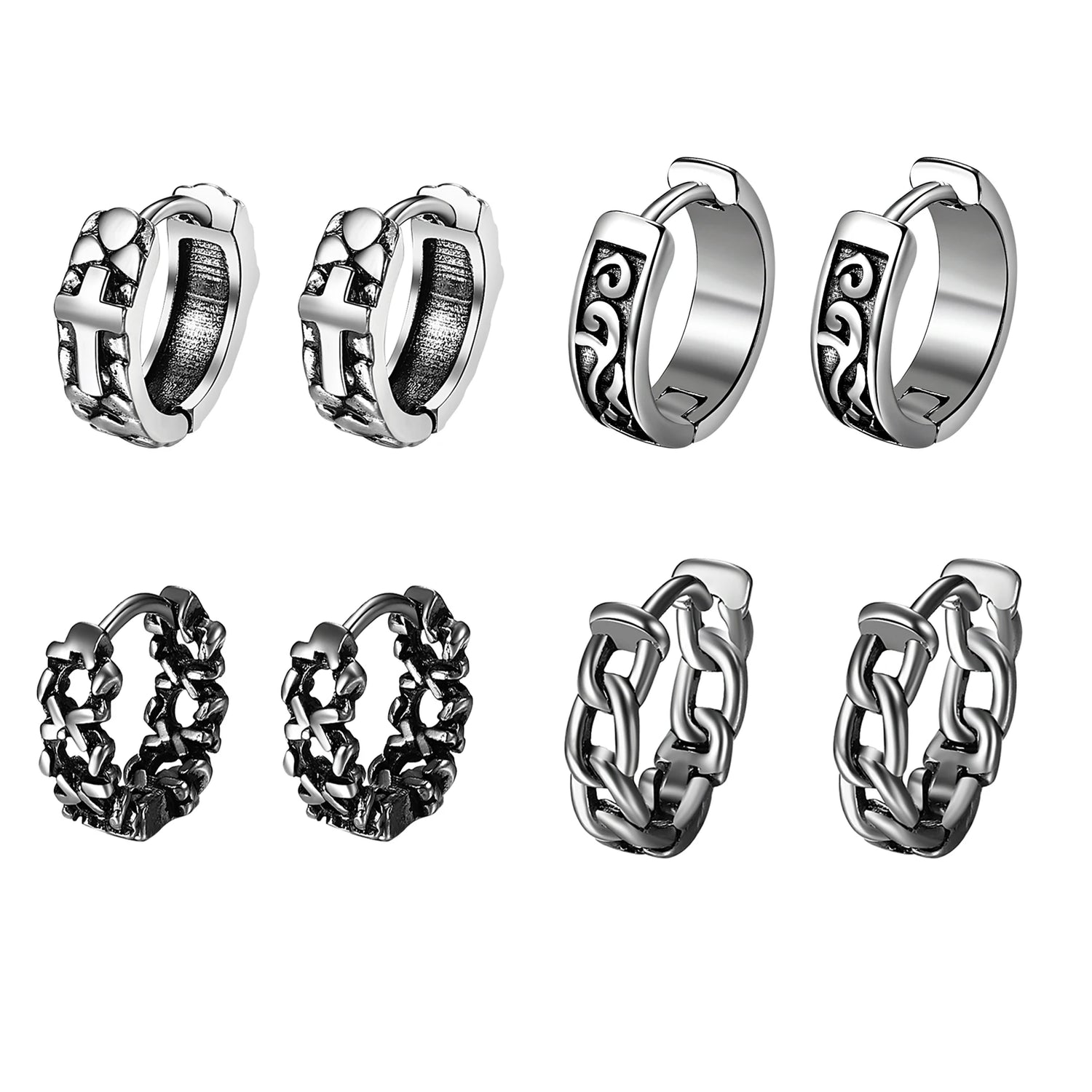 BONISKISS Cross Hollow Chain Stainless Steel Earrings Hoop Huggie Hinged Viking Runes Retro Gothic Ear Stud Men Women Unisex