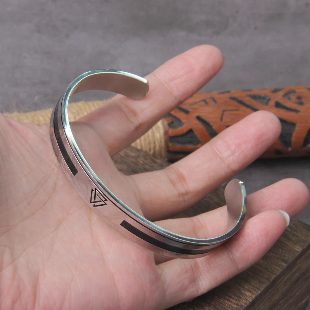 Stainless Steel Men's Handmade Nordic Valknut Bangle Viking Never Fade with wooden box as gift never fade