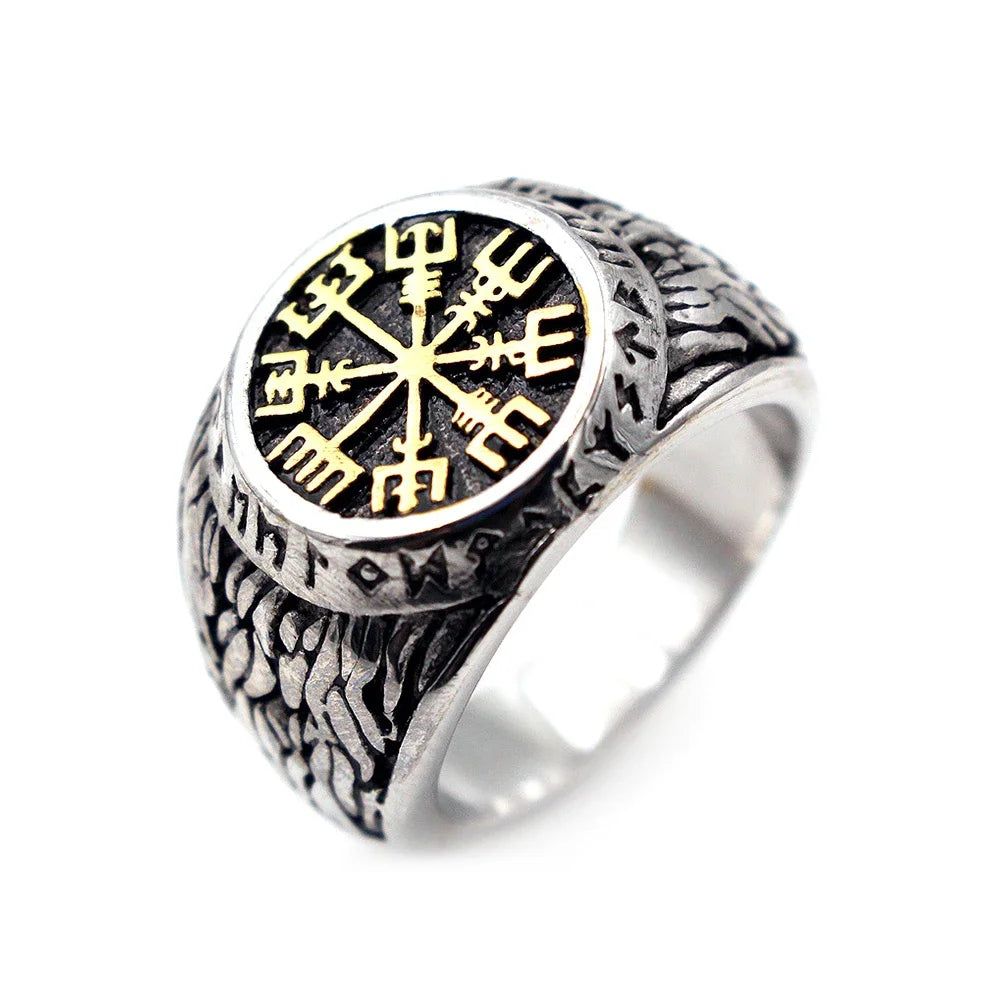 Vintage Viking Compass Helm of Awe Ring Stainless Steel Men Nordic Ethnic Belief Aegishjalmur Viking Rings Jewelry Dropshipping