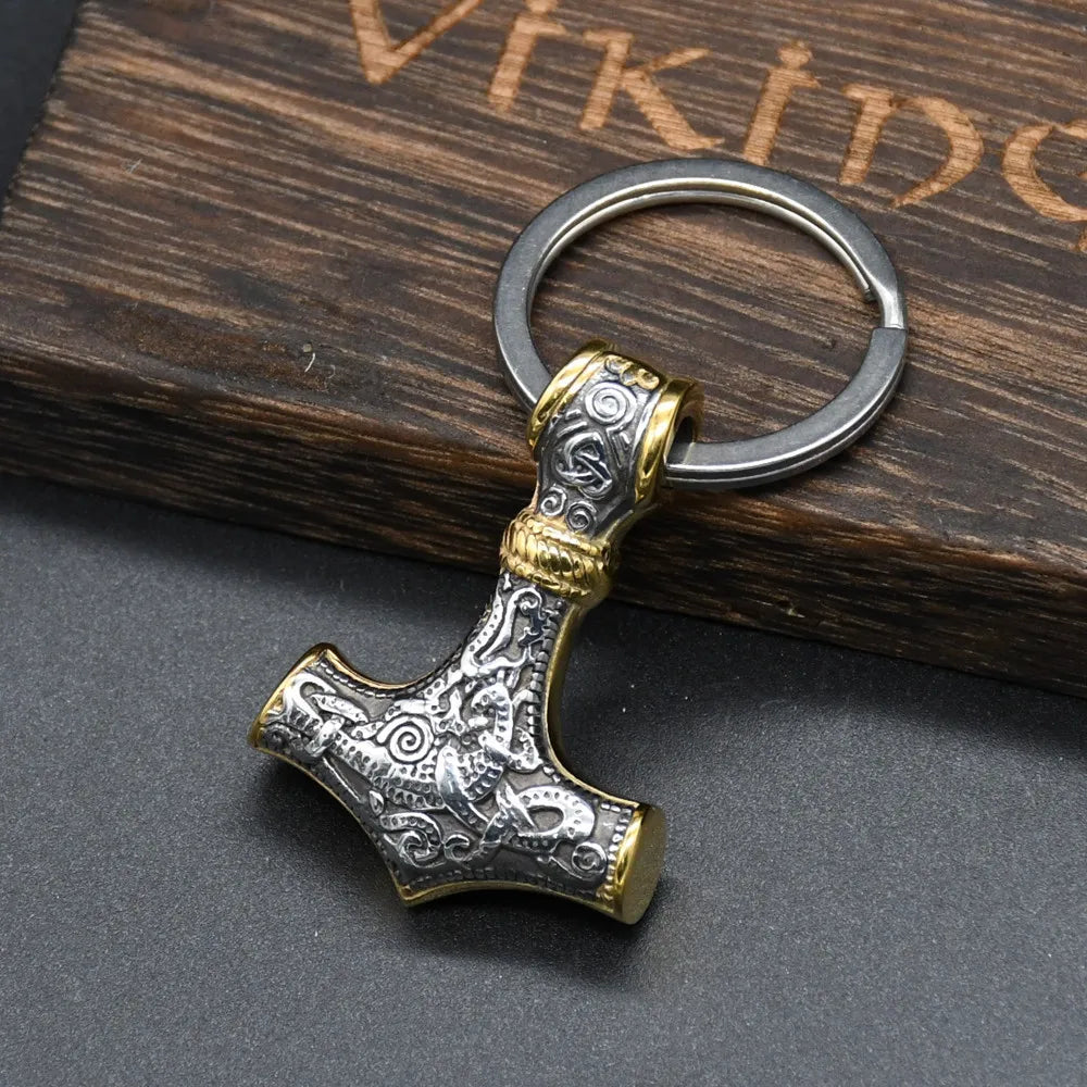 Norse Vikings Thor's Hammer Mjolnir Scandinavian Rune Amulet Keychain Stainless Steel Vegvisir Anchor Pendant Male Jewelry