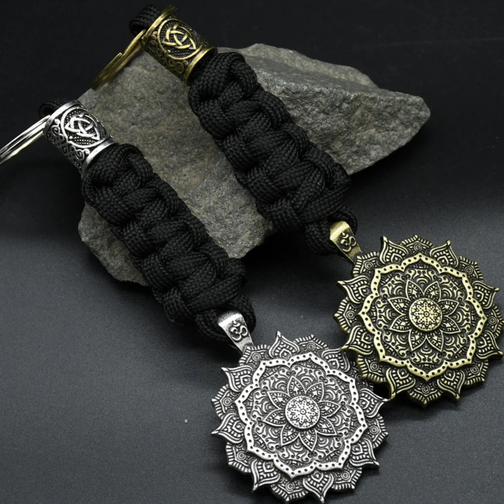 1pcs mandala YOGA keychain OM amulet Pendant Keyring Paracord Rope Norse Pirates Rune Valknut Amulet Jewelry Gift