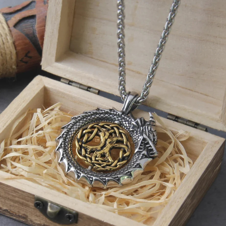 Fashion Gold Color rotating life tree in Amulet ouroboros Pendant Necklace with vikings wood box as men gift