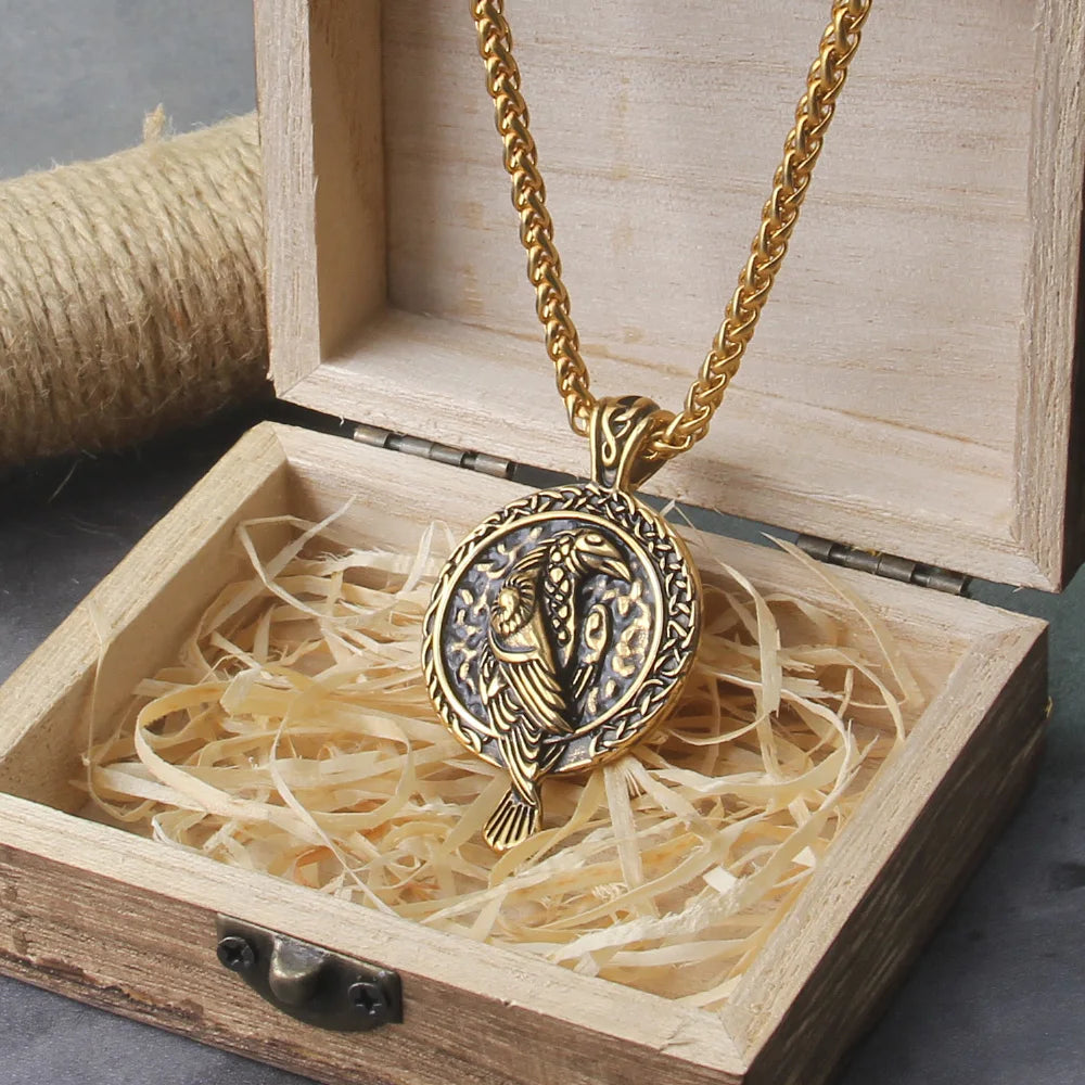 Gold Color Eagle Crow Necklace Men Viking Raven Amulet Stainless Steel Odin Rune Pendant Norse Mythology Jewelry Gift Never Fade