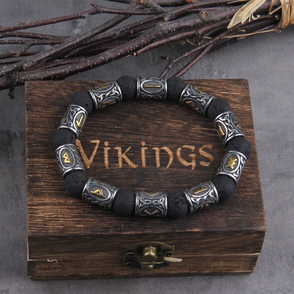 Stainless steel Runes Beads Men Bracelet Viking Rune Bracelet Fashion Charm Beads Bracelet wooden box