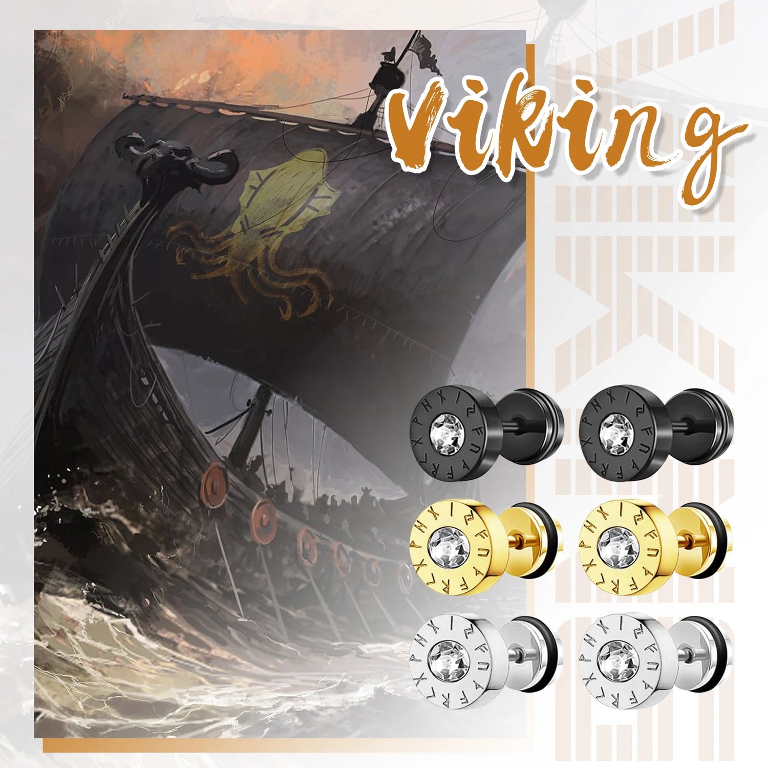 BONISKISS Men's Viking stainless steel earrings Nordic style compass rune embellished punk earrings set jewelry gift