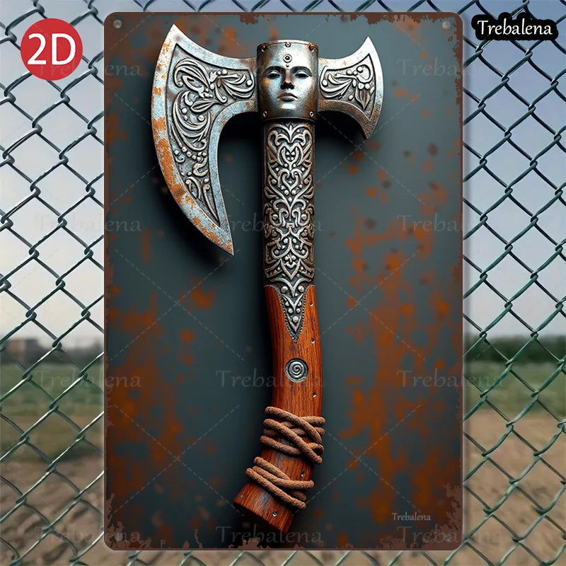 1PC 2D Flat 8*12inch Metal Sign Viking Axe Art Rustic Style Wall Decor