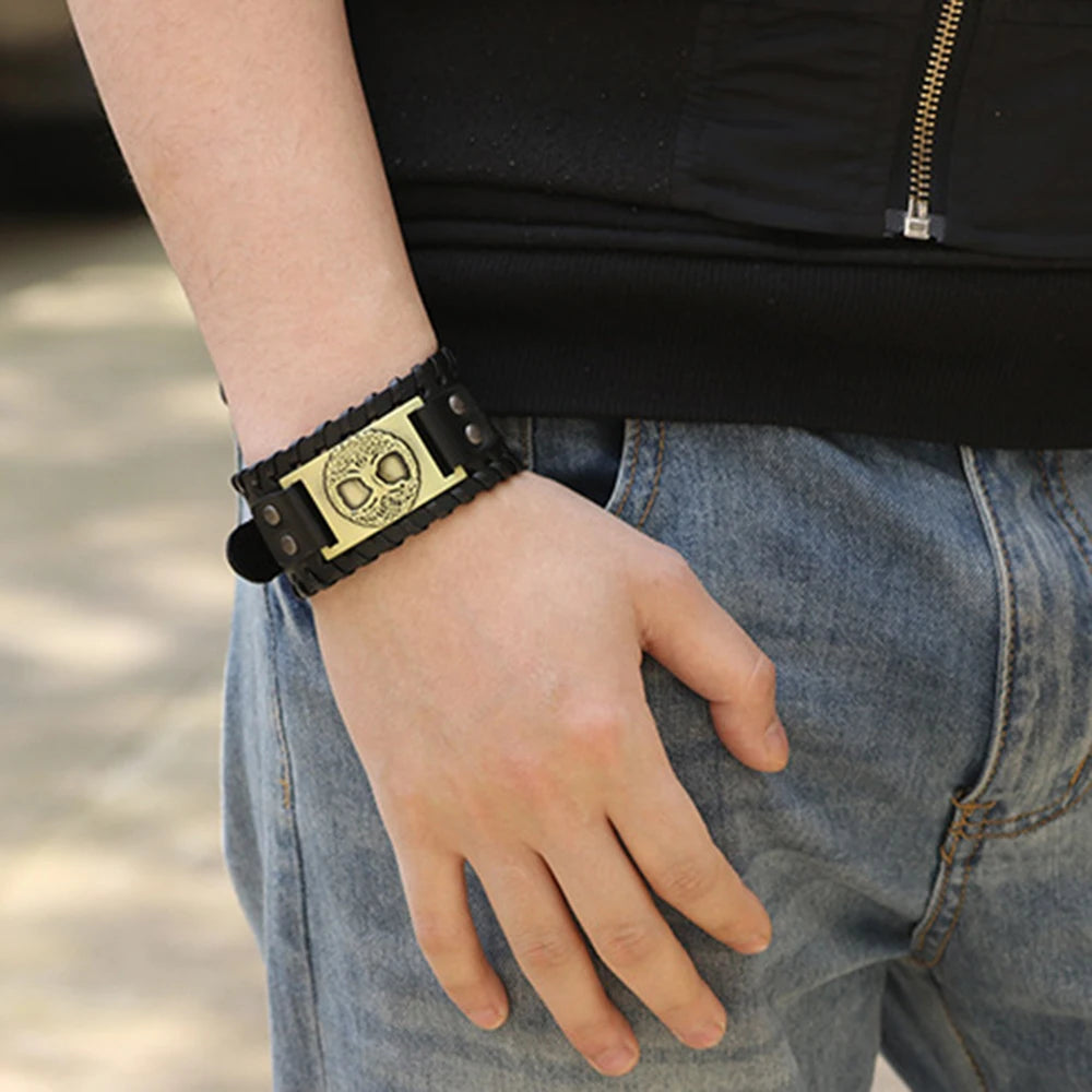 Punk Braided Rope Alloy Bracelet Wristband Adjustable Genuine Leather Bracelet Mens Leather Viking Totem Wristbands Wide Bangle