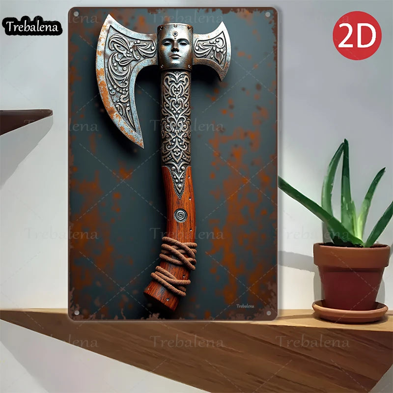 1PC 2D Flat 8*12inch Metal Sign Viking Axe Art Rustic Style Wall Decor
