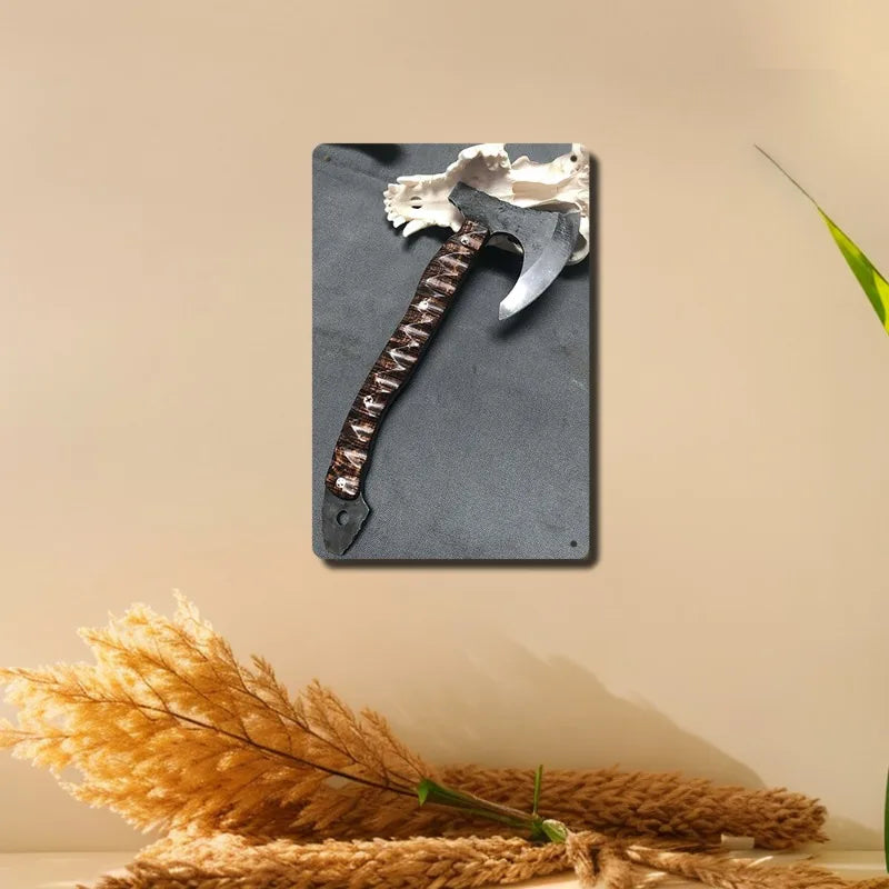 Viking Hawk Axe Metal Wall Art - 7.87" x 11.81" Iron Sign with Koa Wood & Brass Grip | Nautical Home Decor, Easy-to-Hang