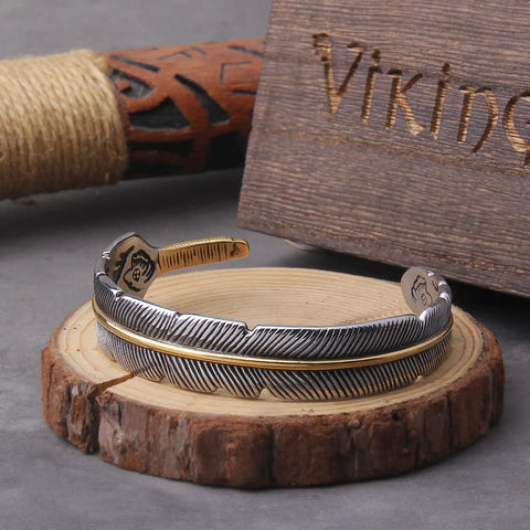 Personality Vintage Feather Silver Color Open Cuff Bracelet for Men Adjustable Bangle Jewelry Wrist Gift with wooden box