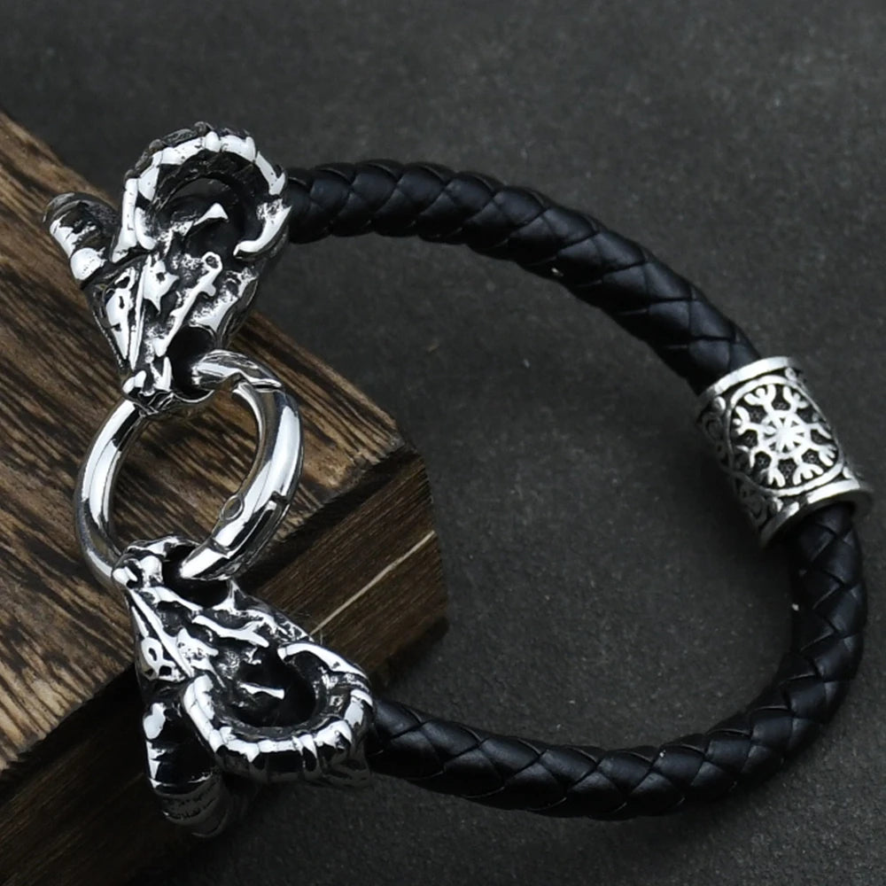 Viking Goat Head Bracelets Men Stainless Steel Vintage Viking Bangles rune Amulet Leather Icelandic Jewelry