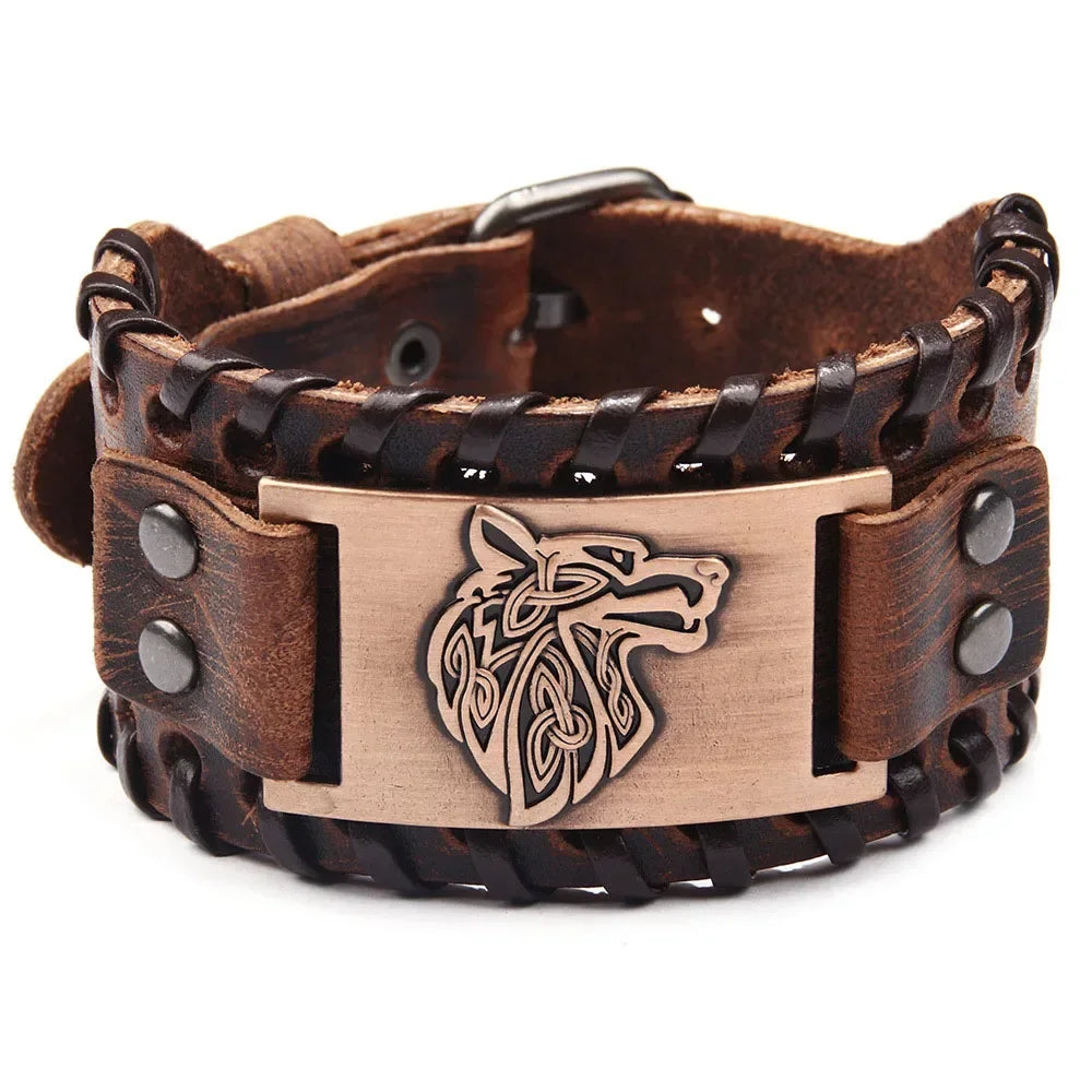 Punk Braided Rope Alloy Bracelet Wristband Adjustable Genuine Leather Bracelet Mens Leather Viking Totem Wristbands Wide Bangle