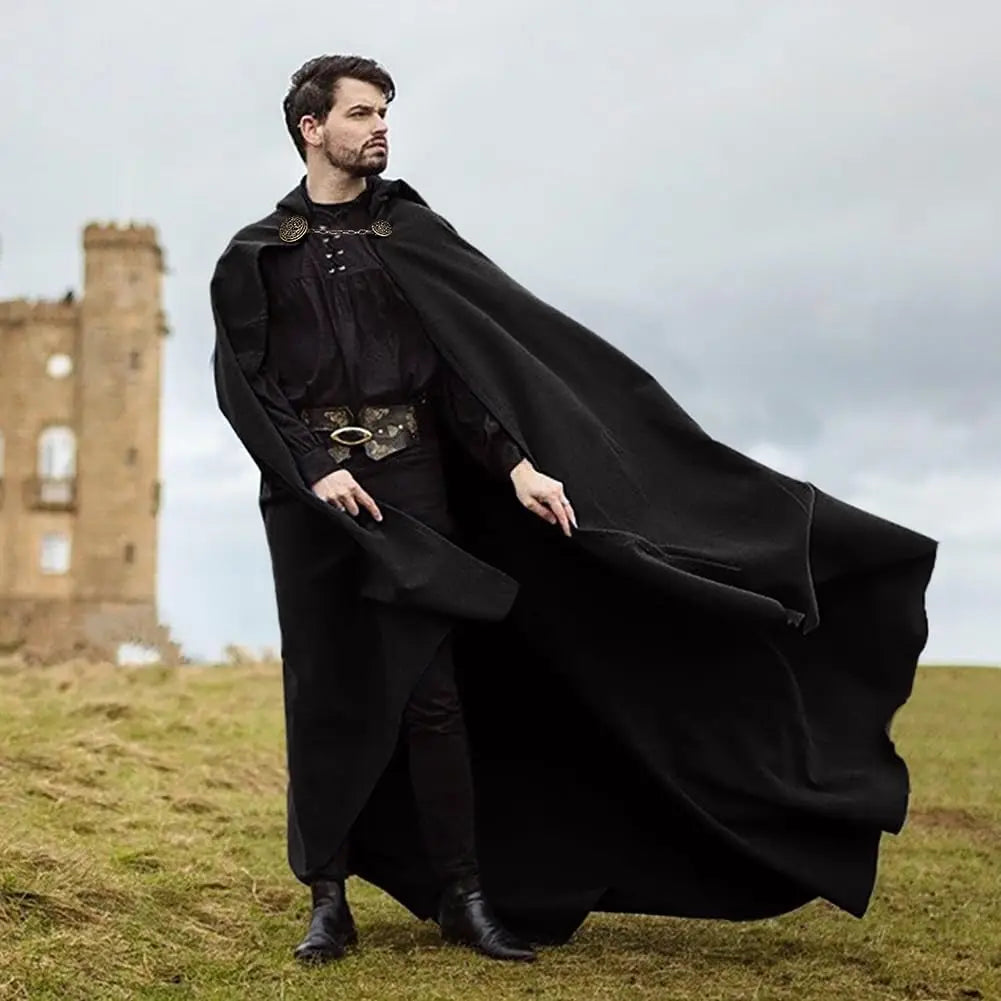 Viking Hooded Cape – Medieval Black Renaissance Cloak with Hood, Chain Clasp for Halloween, Cosplay & Costume Events