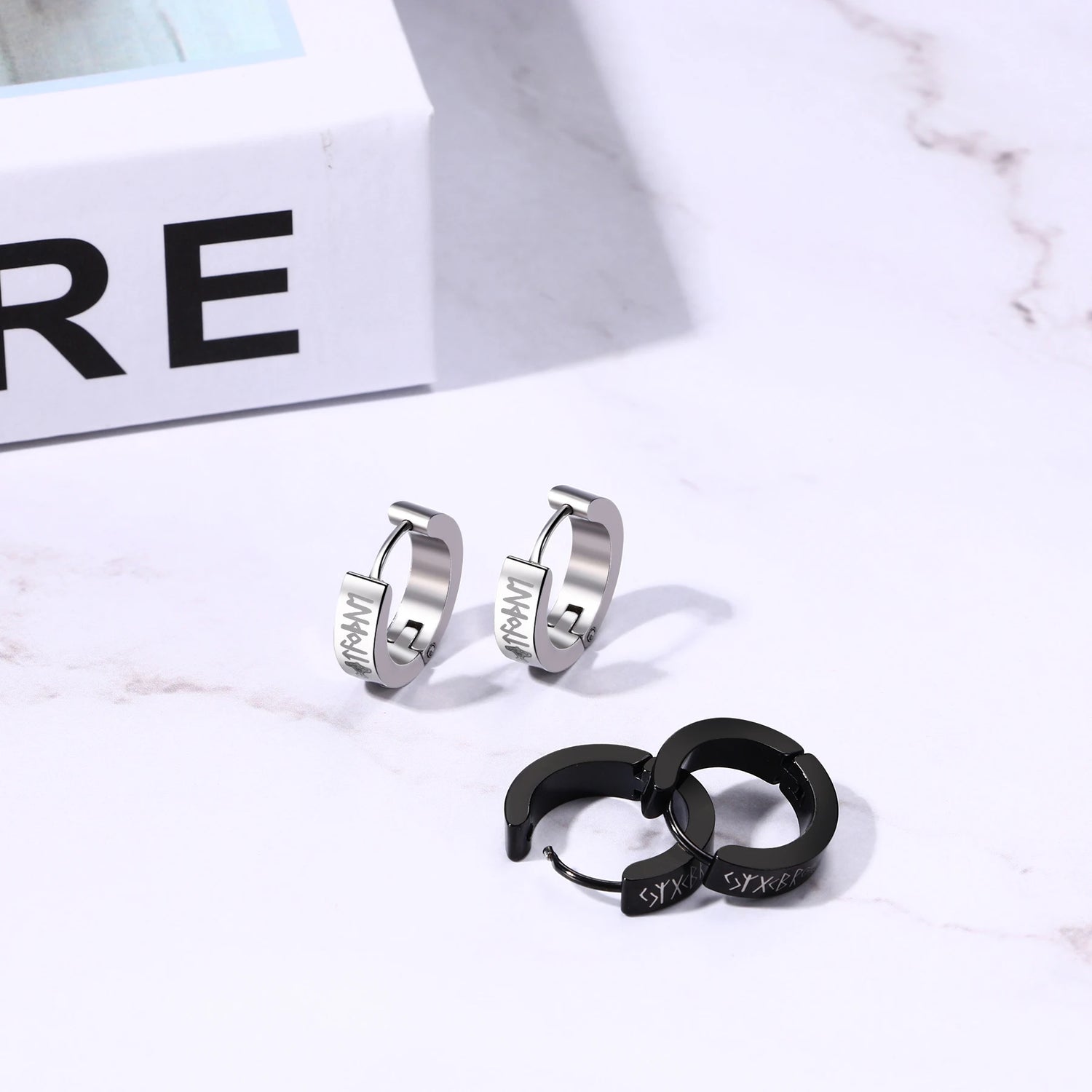 BONISKISS 2 Pairs Norse Viking Earrings Stainless Steel Nordic Elder Futhark Runes Hoop Huggie Hinged Fake Stud Men Women Unisex