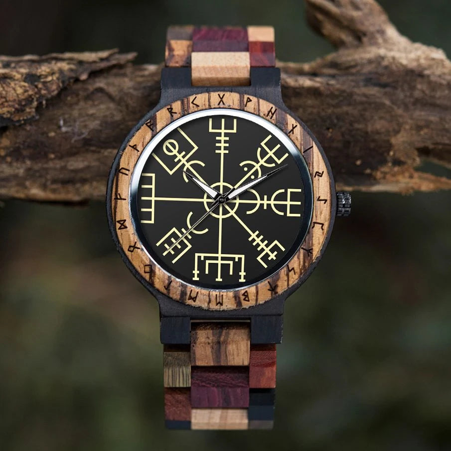 Viking Wooden Watch - Vegvisir Symbol