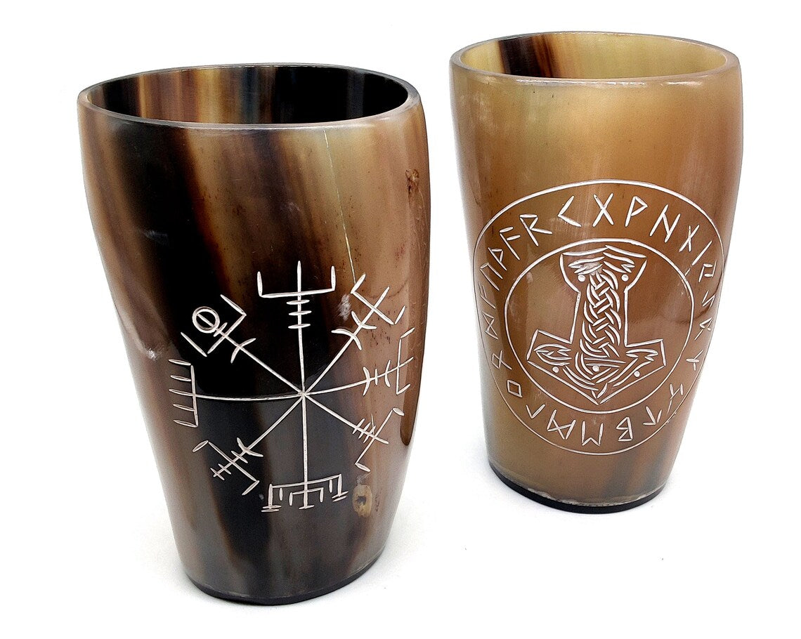 Engraved Natural Drinking Horn Cups - Set of 4