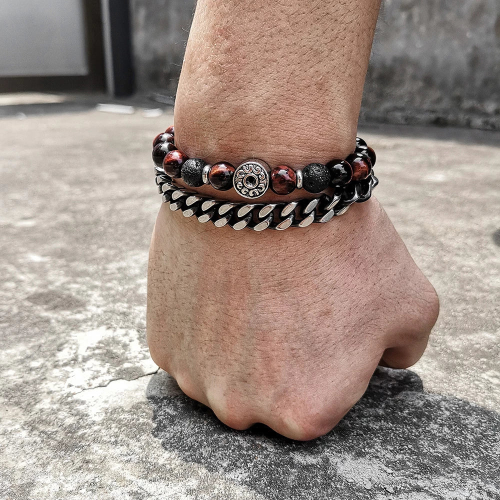 Men's Viking Beaded Bracelet-Stainless Steel Link Chain Wristband Set