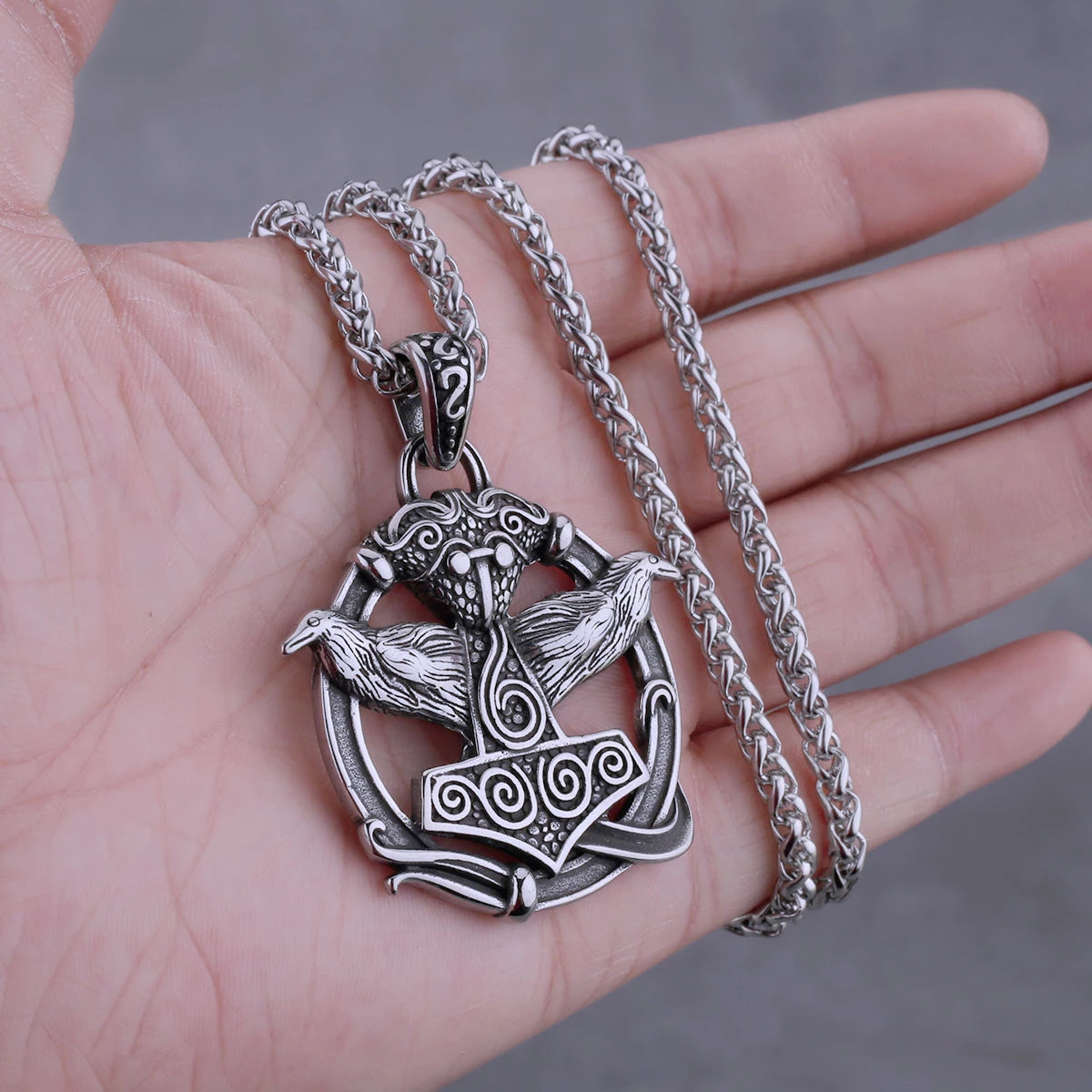 Thor's Hammer Pendant With Odin's Ravens Necklace