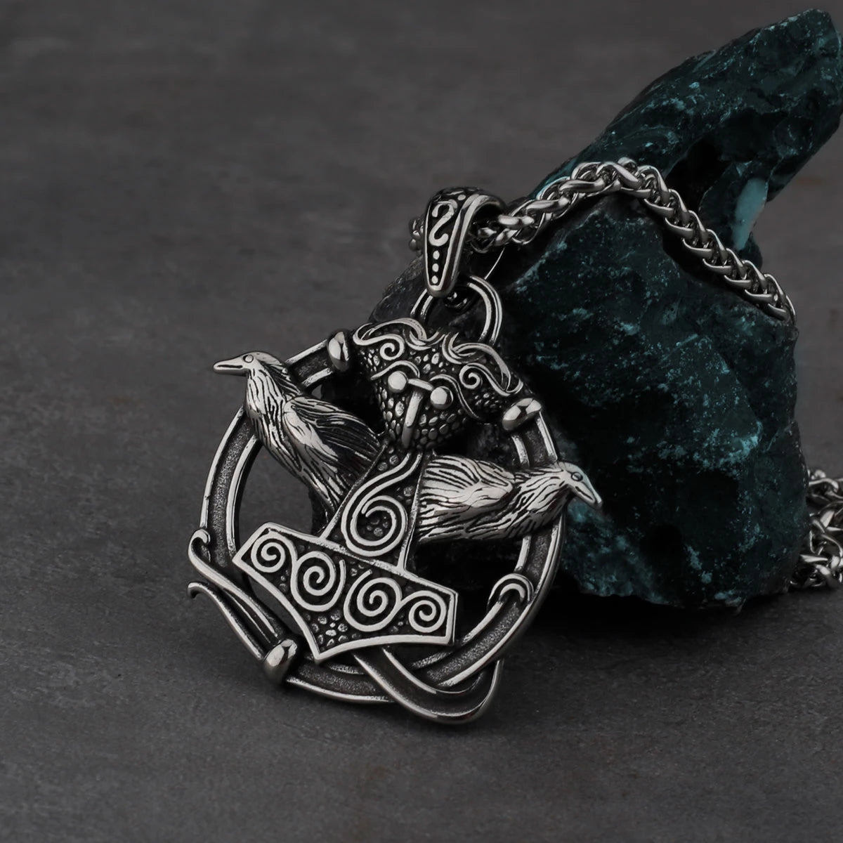 Thor's Hammer Pendant With Odin's Ravens Necklace