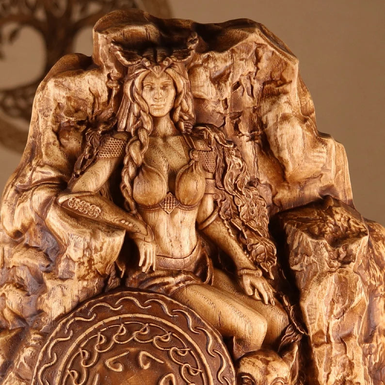 Handcrafted Freya Viking Wooden Statue