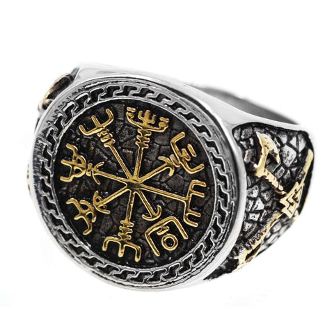Gold Trimmed Viking Compass Vegvisir Ring With Axe