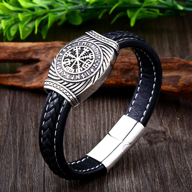 Viking Leather Bracelet WIth Vegvisir Runes