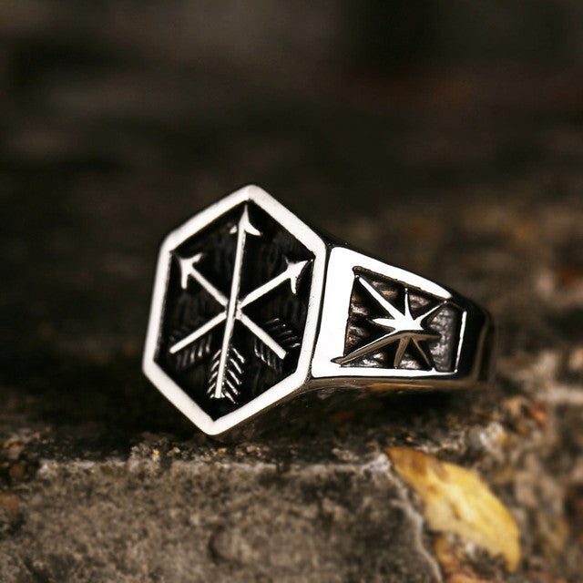 Hexagon Viking Arrow Ring-Stainless-Steel-Compass-Ring