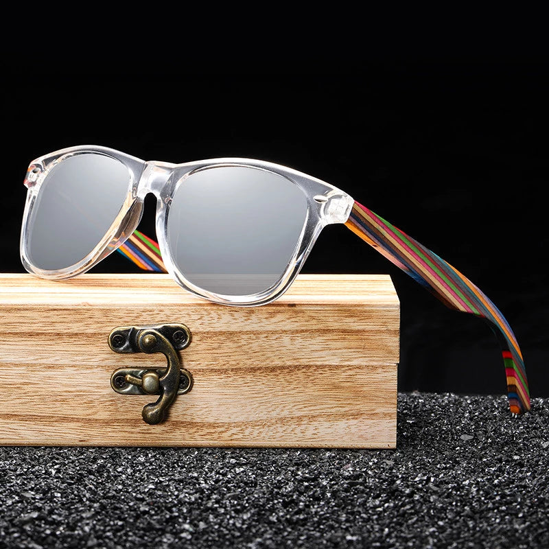 POLARIZED WOODEN SUNGLASSES WITH CLEAR FRAME