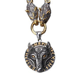 Gold Trimmed King Chain With Wolf Heads & Fenrir Pendant