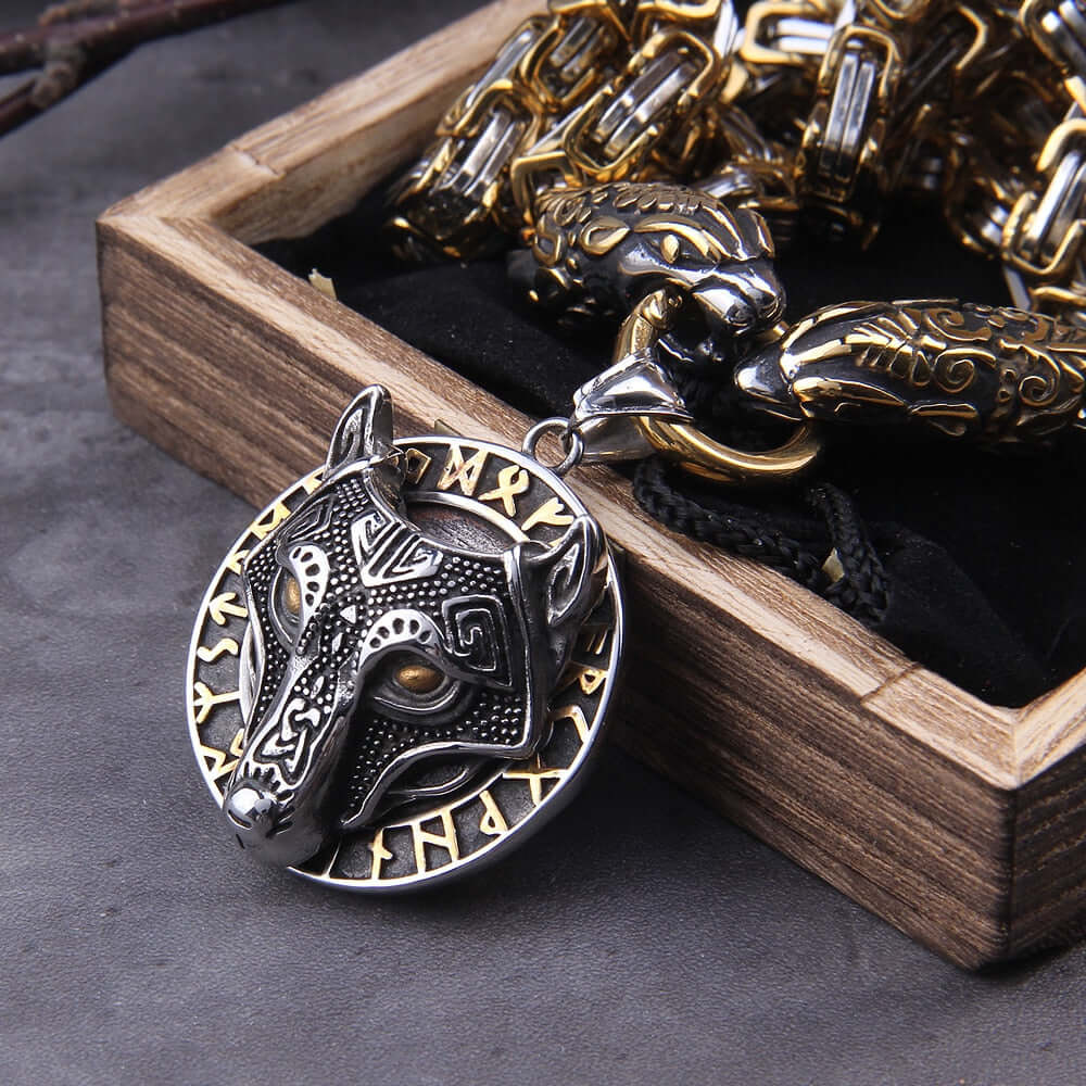 Gold Trimmed King Chain With Dragon Heads & Fenrir Pendant