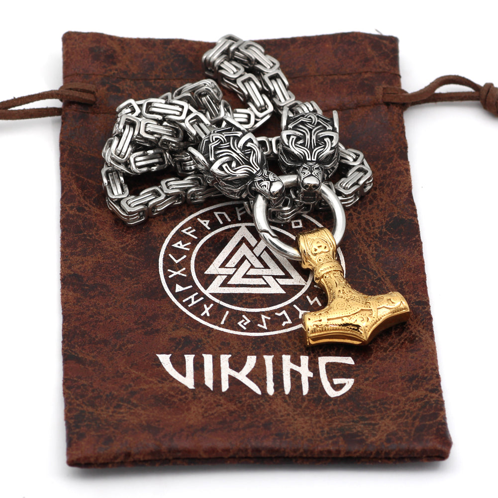 King Chain With Wolf Heads & Gold Mjolnir Pendant
