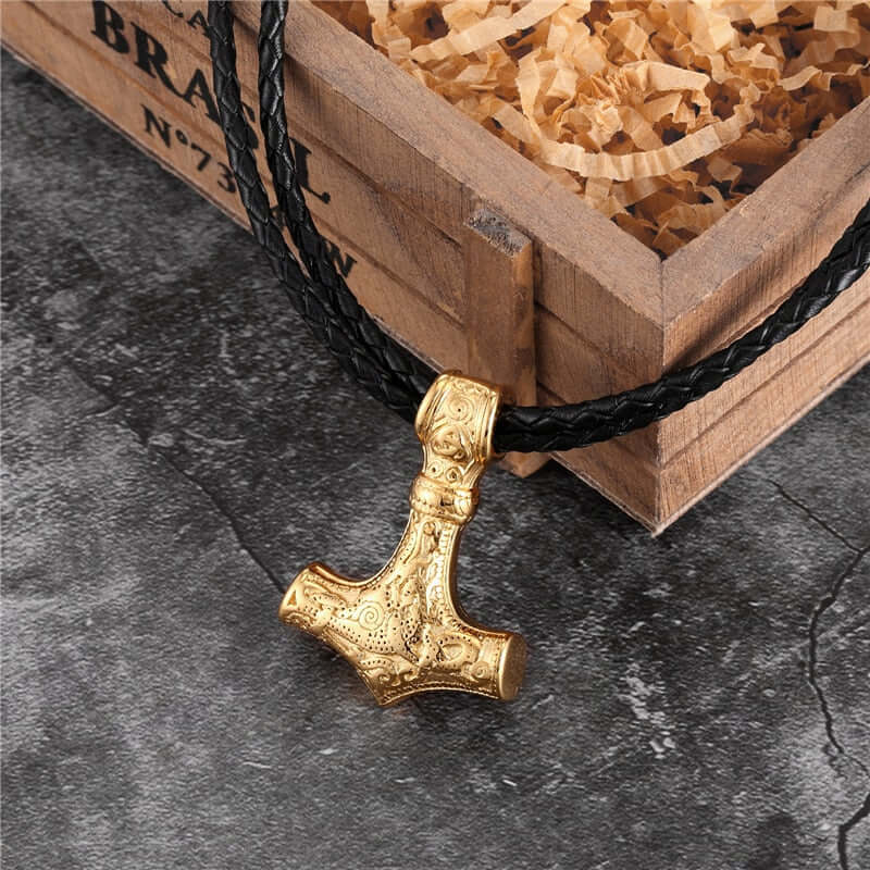 Gold Mjolnir Necklace With Steel Or Leather Chain