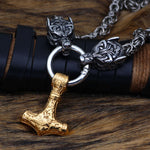 Braided King Chain With Wolf Heads & Gold Mjolnir Pendant