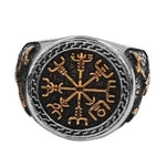 Gold Trimmed Viking Compass Vegvisir Ring With Axe