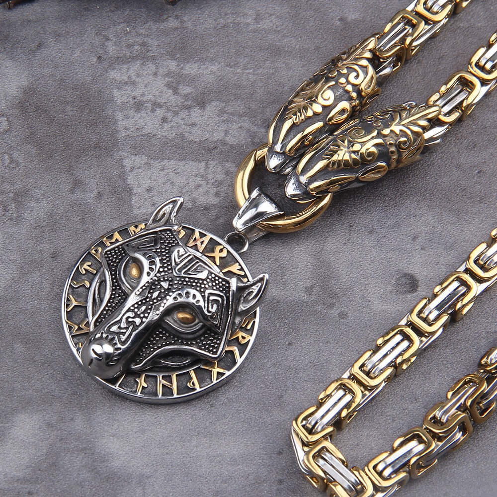 Gold Trimmed King Chain With Dragon Heads & Fenrir Pendant