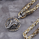 Gold Trimmed King Chain With Dragon Heads & Fenrir Pendant