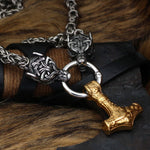 Braided King Chain With Wolf Heads & Gold Mjolnir Pendant