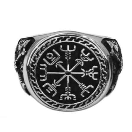 Gold Trimmed Viking Compass Vegvisir Ring With Axe